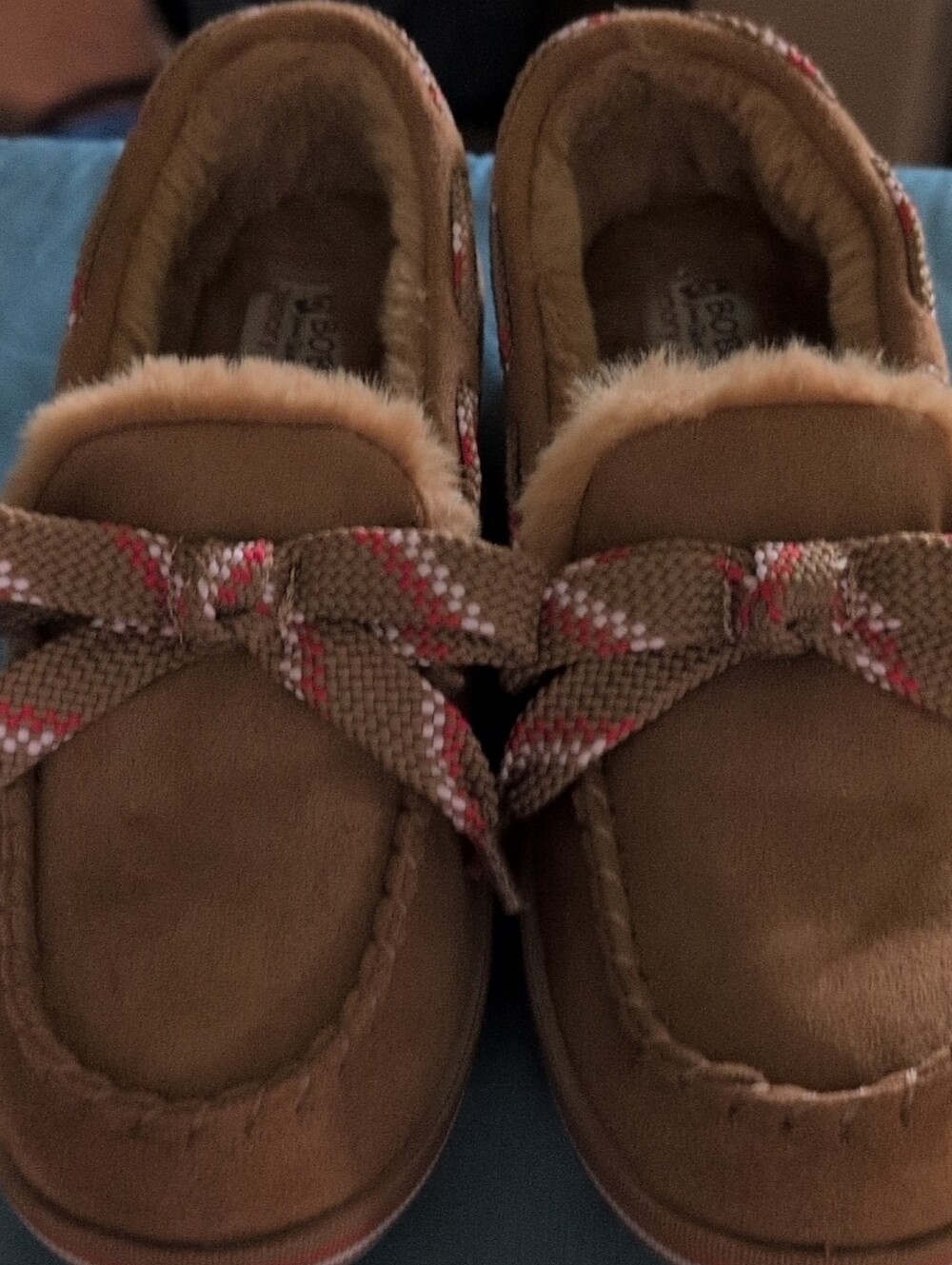 Womens Sketchers Bobs Moccasin Slippers Brown Suede Faux Fur Lined Bow Sz 9